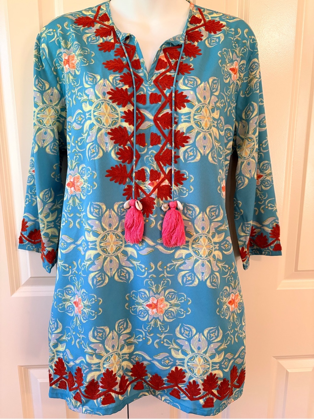 Blue Floral Embroidered Tassel Tunic, size M - Picture 3 of 8